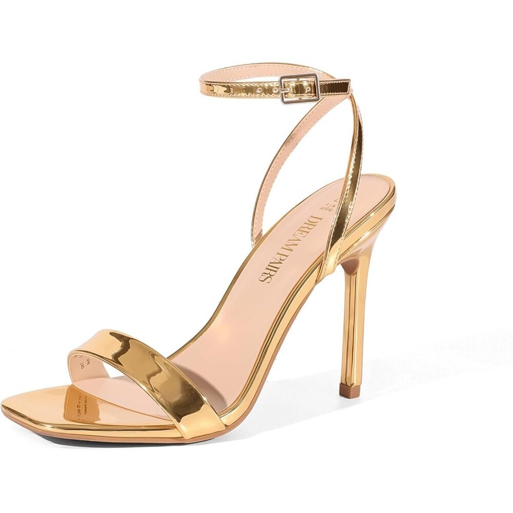 Women’s Gold-Pat High Stilettos Open Square Toe Ankle Strap Comfortable Heel